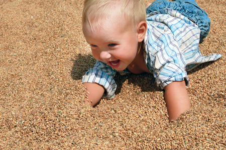Joyful blonde babe in a plaid shirt and jeans crawling on wheat grainの写真素材