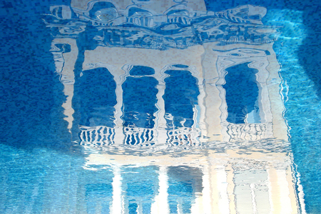 Illustration fairy palace reflected in the water.Concept for travel agencies. Eastern Mirage Palaceのeditorial素材