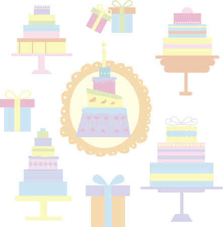 Icons consists of cakes and boxes in gentle tones - gifts for various celebrationsのイラスト素材