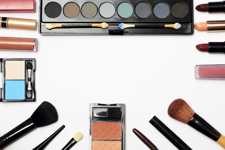 makeup brush and cosmetics, on a white backgroundの写真素材
