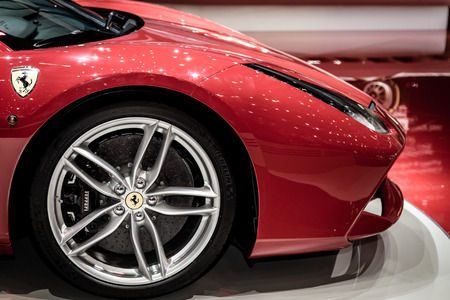 Geneva, Switzerland - March 4, 2015: 2015 Ferrari 488GTB presented on the 85th International Geneva Motor Showのeditorial素材