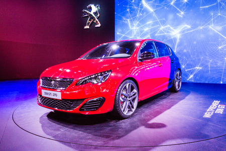 Frankfurt, Deutschland - September 15, 2015: in 2016 the Peugeot 308 GTi presented on the 66th International Motor Show in the Messe Frankfurtのeditorial素材