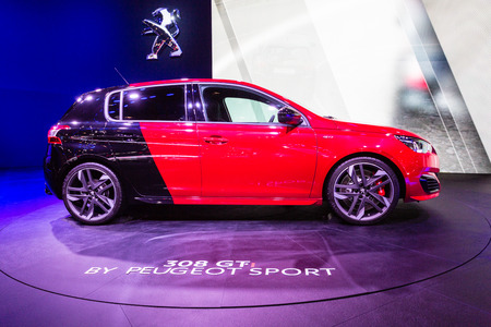Frankfurt, Deutschland - September 15, 2015: in 2016 the Peugeot 308 GTi presented on the 66th International Motor Show in the Messe Frankfurtのeditorial素材
