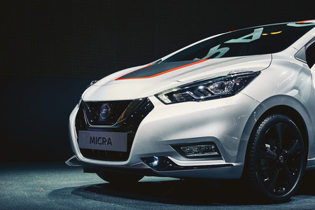 Paris, France - September 29, 2016: 2017 Nissan Micra presented on the Paris Motor Show in the Porte...