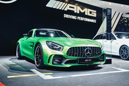 Paris, France - September 29, 2016: 2017 Mercedes-AMG GT R presented on the Paris Motor Show in the...