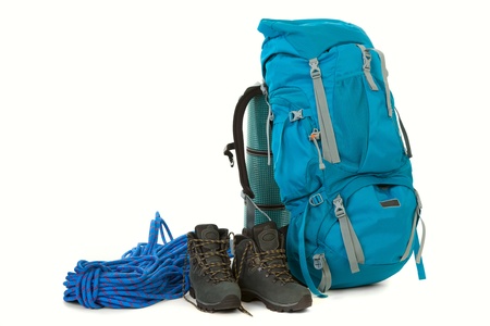 Hiking gear, isolated over white backgroundの写真素材