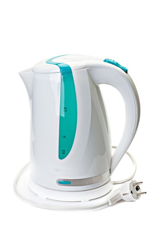 Plastic electric kettle with  electrical cord isolated on white background.の写真素材