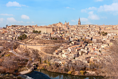 Top view of old medieval Toledo from hill in winter sunny day. Spain.の写真素材