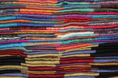 textiles, set of colorful fabrics. ethnic motifs, elephants, patternsの写真素材