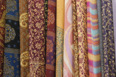 textiles, set of colorful fabrics. ethnic motifs, elephants, patternsの写真素材