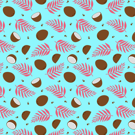 Coconut summer seamless pattern with palm leaves.のイラスト素材