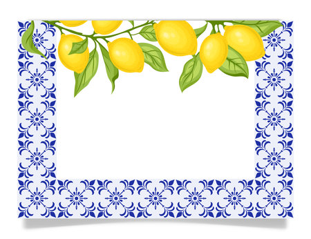 Frame with blue tiles and lemon branches, vector.のイラスト素材