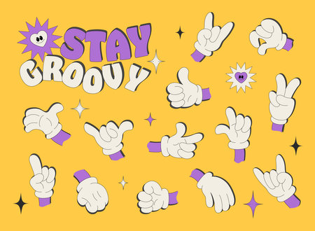 Set of groovy retro hand icons. Doodle cartoon.のイラスト素材