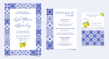 Blue Tile Wedding Invitation, bridal shower vectorのイラスト素材