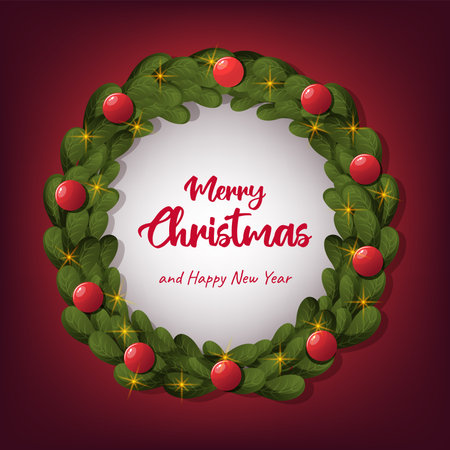 Christmas wreath vector design. Merry Christmas and happy new year greeting text in wreath fir branches element with colorful balls, decoration in red background. Vector illustratiのイラスト素材
