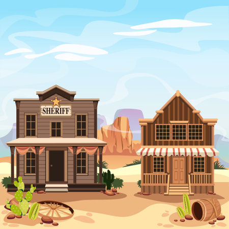 Wild west sheriff building desert day background.のイラスト素材