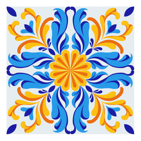 Mediterranean blue and yellow ceramic tile design.のイラスト素材