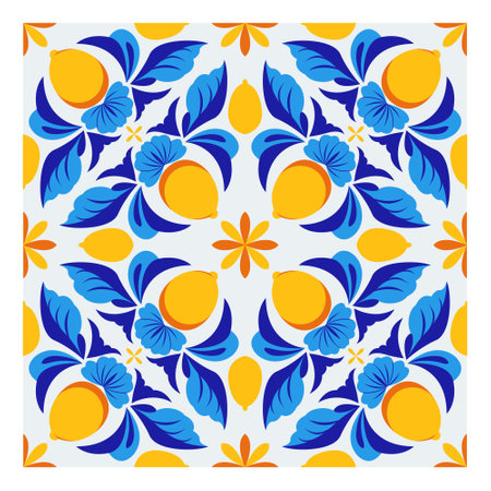 Mediterranean blue and yellow ceramic tile design.のイラスト素材