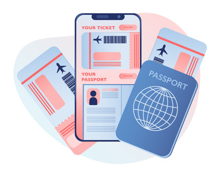 Flight tickets, Passport, and mobile e-Ticket.のイラスト素材