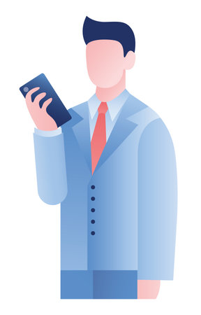 Businessman holding mobile phone in hand, vector.のイラスト素材