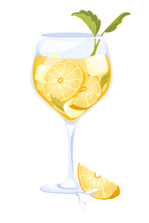 Aperol spritz alcohol cocktail with ice, slice of citrus and mint garnish in a wine glass. Perfect for summer drinks, bar menus, or refreshing beverage designs. Vector illustration.のイラスト素材