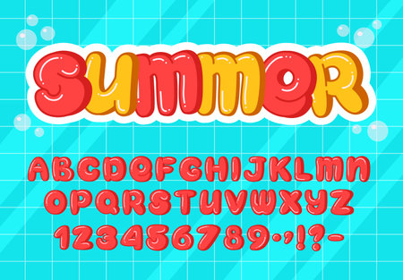 Vibrant summer bubble font featuring uppercase letters, numbers, and punctuation in red and yellow colors. Perfect for childrens designs, party invitations, logos, and typography. Vector illustration.のイラスト素材