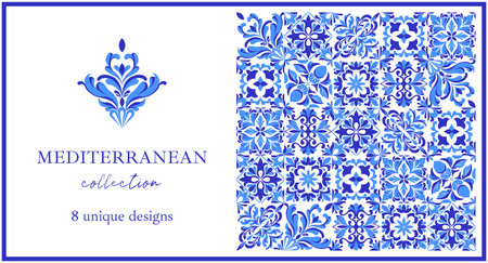 Italian ceramic blue and white tile pattern. Mediterranean porcelain pottery. Ethnic folk ornament. Mexican talavera, portuguese azulejo, spanish majolica, arabesque motif. Vector illustrationのイラスト素材