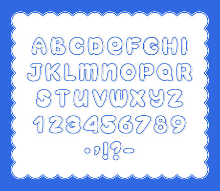 Blue outlined handwritten alphabet with uppercase letters, numbers and punctuation with shadow. Perfect for invitations, greeting cards, logos and handmade design projects. Vector illustration.のイラスト素材