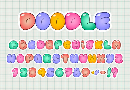 Colorful bubble letters and numbers on a graph paper background. Playful, rounded font with glossy effect. Perfect for child designs, educational materials or typography. Vector Illustration.のイラスト素材
