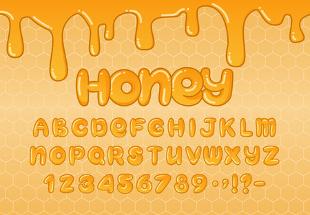 Sweet honey bubble font featuring uppercase letters, numbers and punctuation in yellow color. Golden symbols with glossy, dripping effect. Perfect for party invitations, logos and typography. Vector.のイラスト素材
