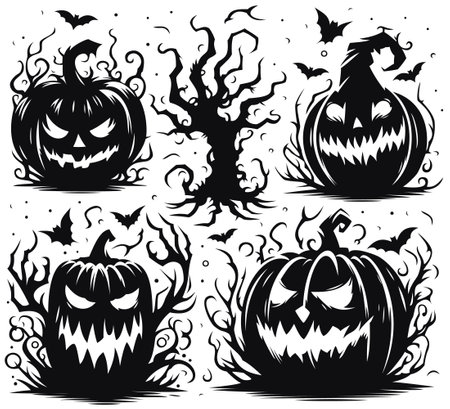 Spooky Halloween Pumpkins and Bats Silhouettesのイラスト素材