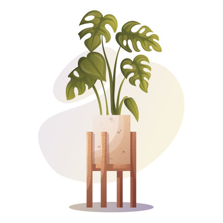 Monstera Tropical Indoor Plant on Wooden Standのイラスト素材
