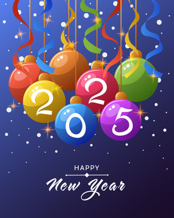 Happy New Year 2025 card with Christmas tree ballsのイラスト素材