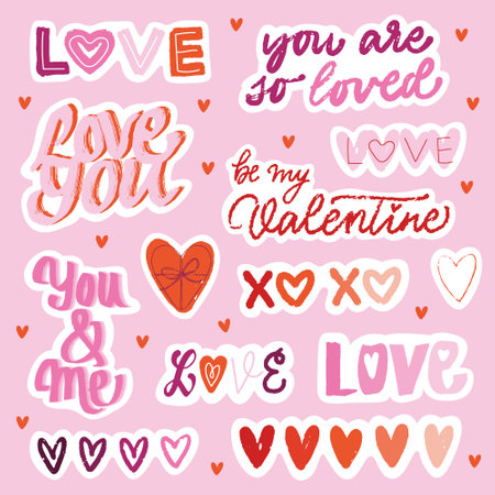 Valentines Day Lettering and Hearts Stickers Set.のイラスト素材