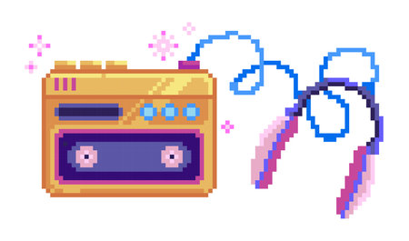 Retro Pixel Art Cassette Player with Headphones.のイラスト素材