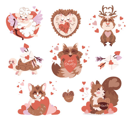 Cute Valentines Day Animals, Flat Love Characters.のイラスト素材