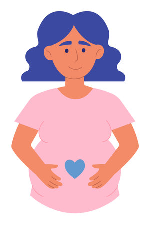 Happy Pregnant Woman Hold Hands on Belly Scene.のイラスト素材
