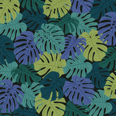 Tropical Monstera Leaf Pattern on Dark Background.のイラスト素材