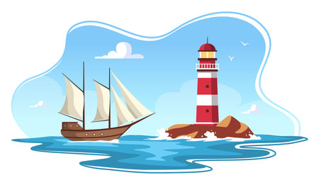 Landscape with Sailboat and Lighthouse in Sea.のイラスト素材