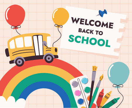 Back to School Welcome Banner with Bus and Rainbowのイラスト素材