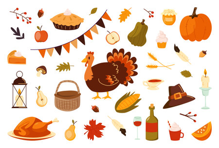 Thanksgiving Day Elements Autumn Set with Turkey.のイラスト素材