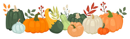Hand Drawn Autumn Border with Colorful Pumpkins.のイラスト素材