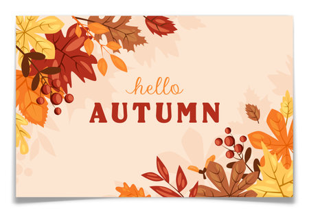 Hello Autumn Horizontal Banner with Fall Leaves.のイラスト素材
