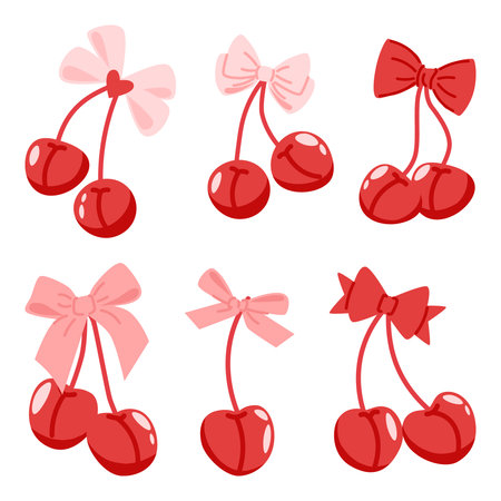 Collection of Cherries with Coquette Ribbon Bows.のイラスト素材