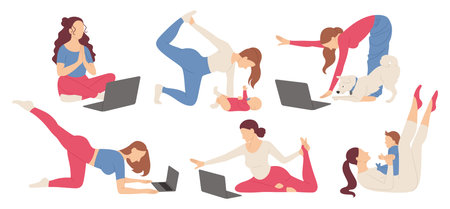 Set of Young Women doing Yoga Workouts at Home.のイラスト素材
