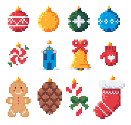 Set of Pixel Art Christmas Ornaments Icons.のイラスト素材