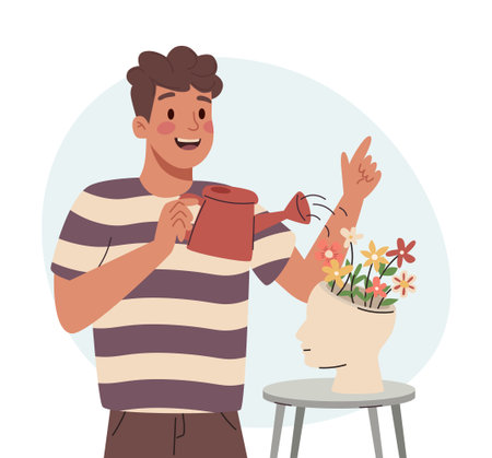 Man Watering Flowers in Head Pot, Mental Health.のイラスト素材