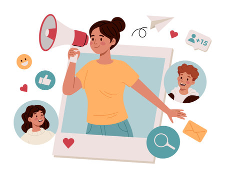 Woman Promote Affiliate Link in Social Media.のイラスト素材