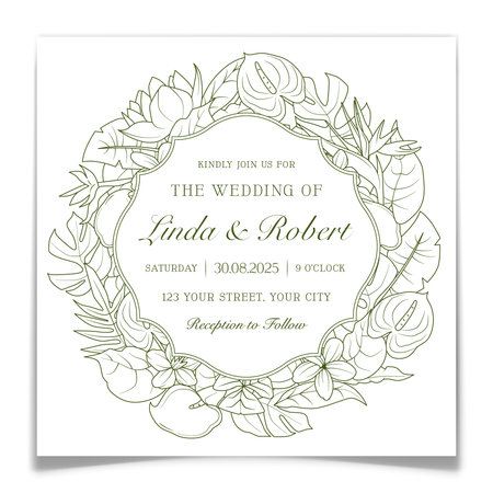 Wedding Invitation Card with Tropical Plant Wreathのイラスト素材