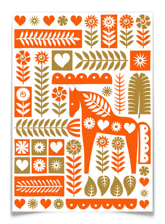 Folk Poster with Horse and Nordic Ethnic Pattern.のイラスト素材